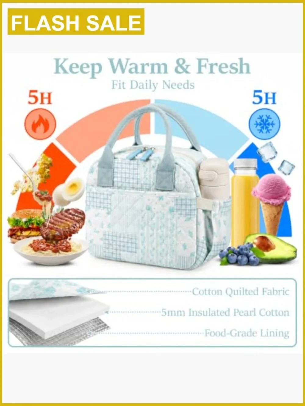 Quilted Insulated Lunch Tote for Women Floral Reusable Lunch Bag with Pockets